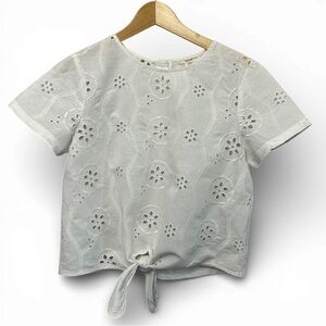 Christian Siriano White Linen Cotton Eyelet Blouse Tie Front Cropped Small